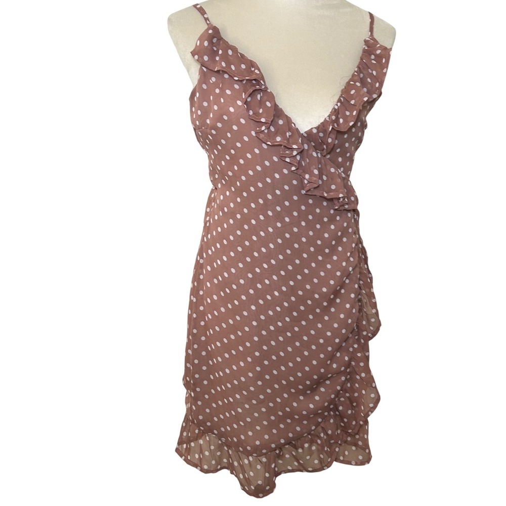 Lioness Polka Dot Ruffle Mini Wrap Dress Mauve Brown Size Medium boho classic
